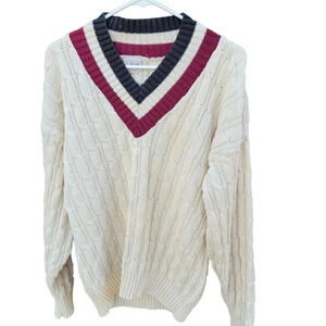 Vtg 90s Mens ASH CREEK Cable Knit Tennis Cricket Striped V-Neck Sweater SzL